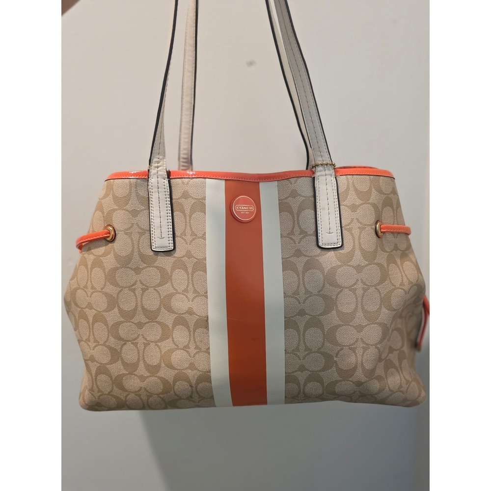 Coach Heritage Stripe Drawstring Tote Bag Khaki Orange Signature Canvas F18923